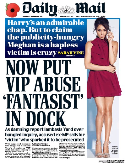Daily Mail (UK) Newspaper Front Page for 9 November 2016