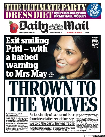 Daily Mail Newspaper Front Page for 9 November 2017