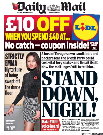 Daily Mail Newspaper Front Page for 9 November 2019