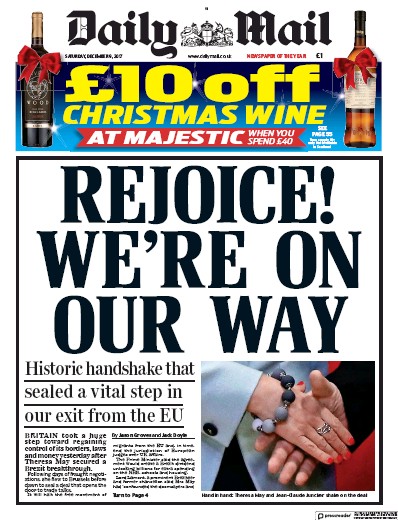 Daily Mail (UK) Newspaper Front Page for 9 December 2017