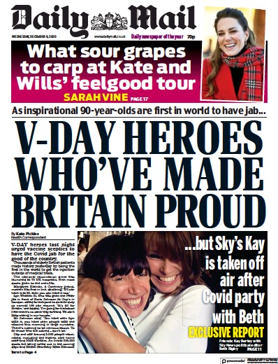 Daily Mail (UK) Newspaper Front Page for 9 December 2020