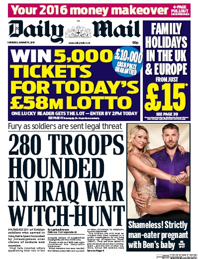 Daily Mail Newspaper Front Page for 9 January 2016