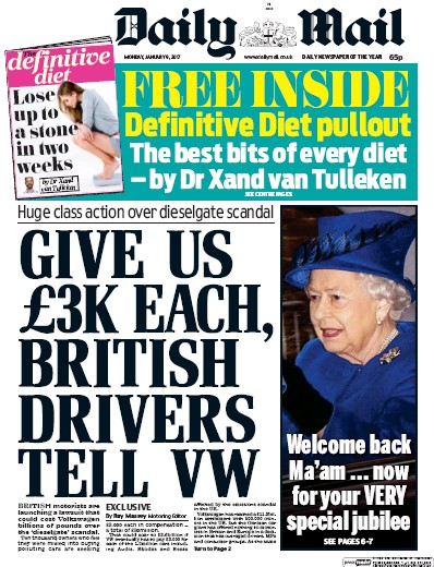 Daily Mail Newspaper Front Page for 9 January 2017