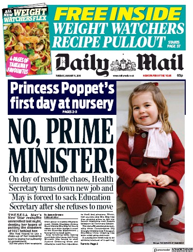 Daily Mail (UK) Newspaper Front Page for 9 January 2018