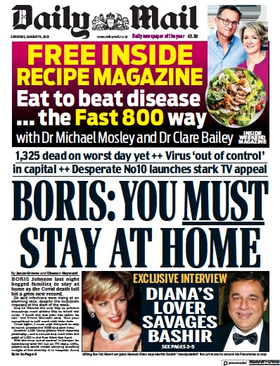 Daily Mail (UK) Newspaper Front Page for 9 January 2021