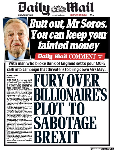 Daily Mail Newspaper Front Page for 9 February 2018