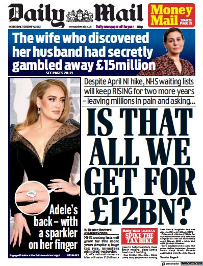 Daily Mail Newspaper Front Page for 9 February 2022