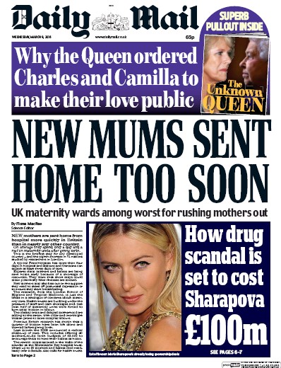 Daily Mail Newspaper Front Page for 9 March 2016