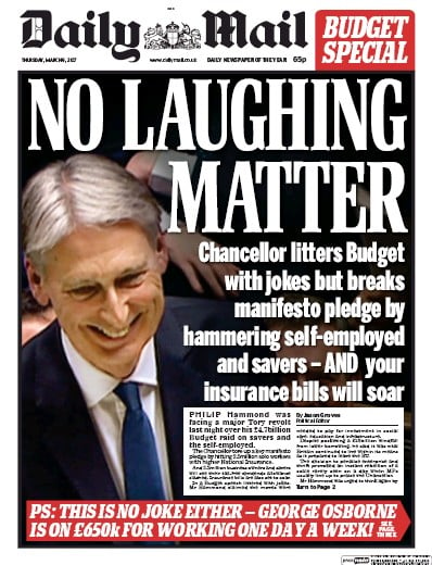 Daily Mail Newspaper Front Page for 9 March 2017