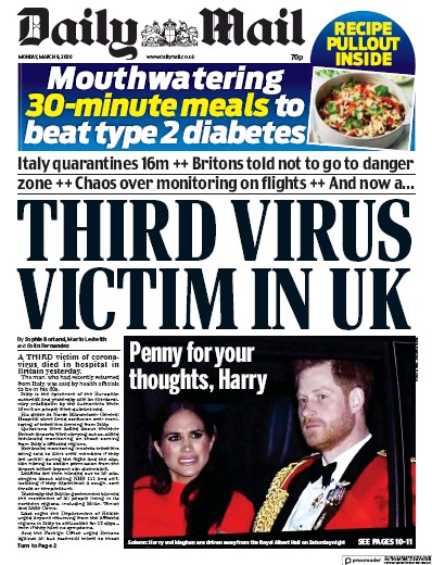 Daily Mail Newspaper Front Page for 9 March 2020