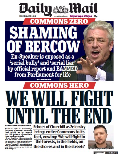 Daily Mail Newspaper Front Page for 9 March 2022