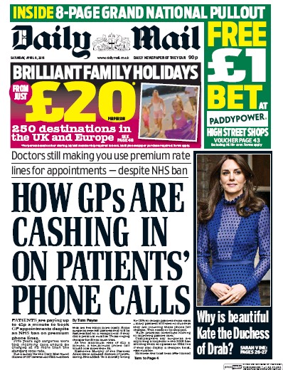Daily Mail Newspaper Front Page for 9 April 2016