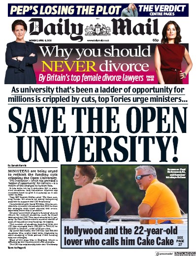 Daily Mail Newspaper Front Page for 9 April 2018