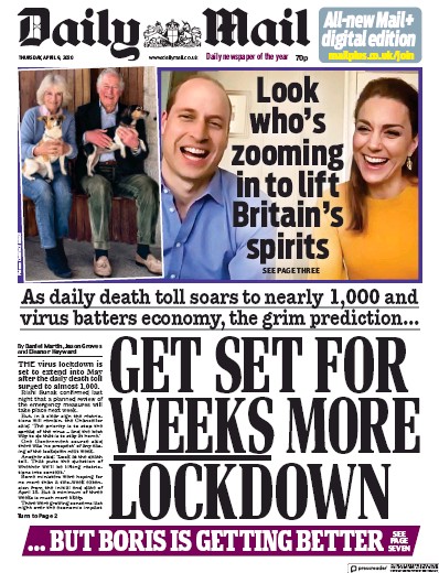 Daily Mail Newspaper Front Page for 9 April 2020