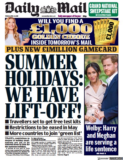 Daily Mail (UK) Newspaper Front Page for 9 April 2021