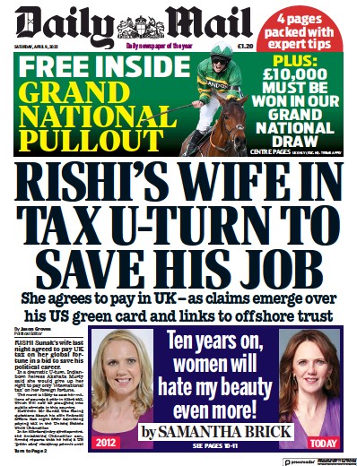 Daily Mail (UK) Newspaper Front Page for 9 April 2022