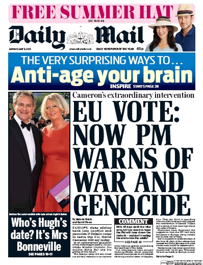 Daily Mail Newspaper Front Page for 9 May 2016