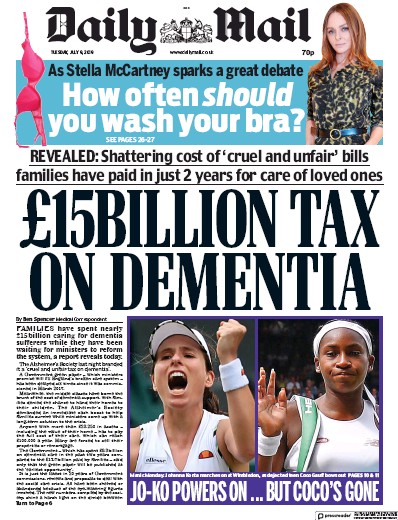 Daily Mail Newspaper Front Page for 9 July 2019