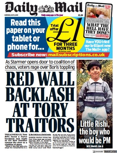 Daily Mail Newspaper Front Page for 9 July 2022