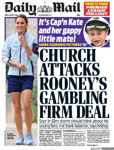 Daily Mail (UK) Newspaper Front Page for 9 August 2019