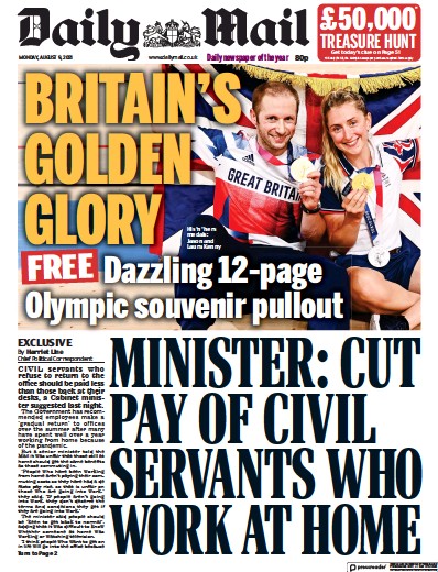 Daily Mail (UK) Newspaper Front Page for 9 August 2021