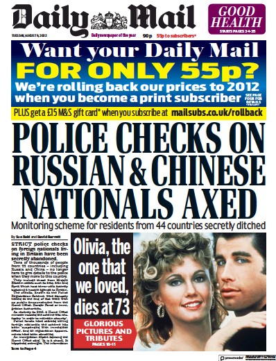 Daily Mail (UK) Newspaper Front Page for 9 August 2022