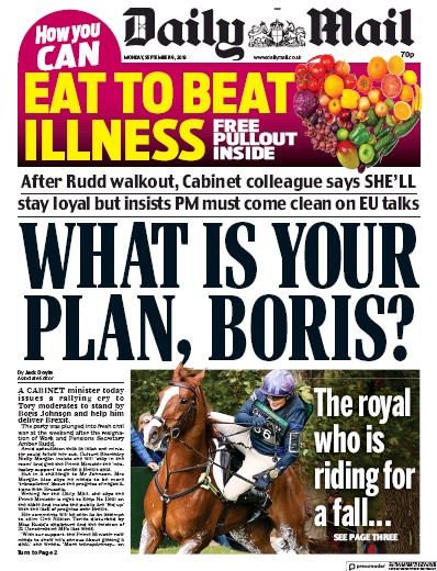 Daily Mail Newspaper Front Page for 9 September 2019