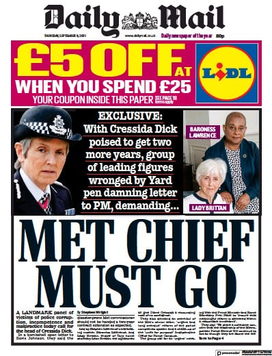 Daily Mail (UK) Newspaper Front Page for 9 September 2021