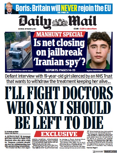 Daily Mail (UK) Newspaper Front Page for 9 September 2023