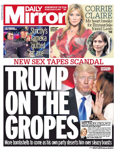 Daily Mirror Newspaper Front Page for 10 October 2016