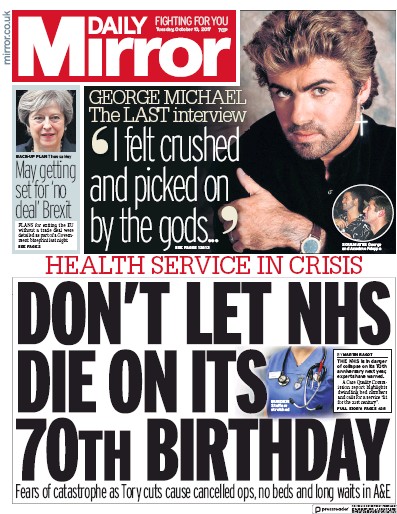 Daily Mirror (UK) Newspaper Front Page for 10 October 2017