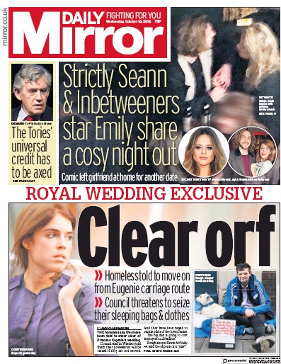 Daily Mirror (UK) Newspaper Front Page for 10 October 2018