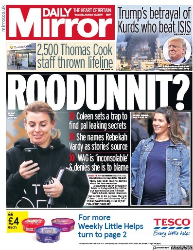 Daily Mirror (UK) Newspaper Front Page for 10 October 2019