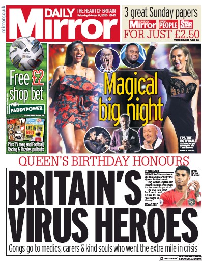 Daily Mirror (UK) Newspaper Front Page for 10 October 2020