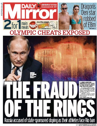 Daily Mirror Newspaper Front Page for 10 November 2015