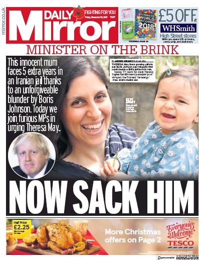 Daily Mirror Newspaper Front Page for 10 November 2017