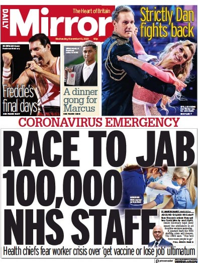 Daily Mirror (UK) Newspaper Front Page for 10 November 2021