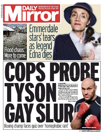 Daily Mirror (UK) Newspaper Front Page for 10 December 2015