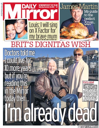 Daily Mirror (UK) Newspaper Front Page for 10 December 2016