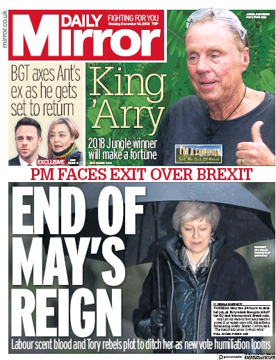 Daily Mirror Newspaper Front Page for 10 December 2018