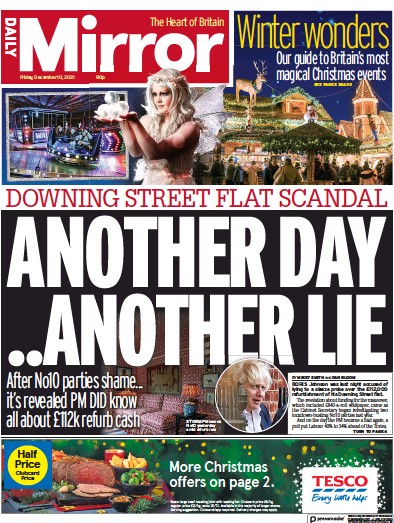 Daily Mirror (UK) Newspaper Front Page for 10 December 2021