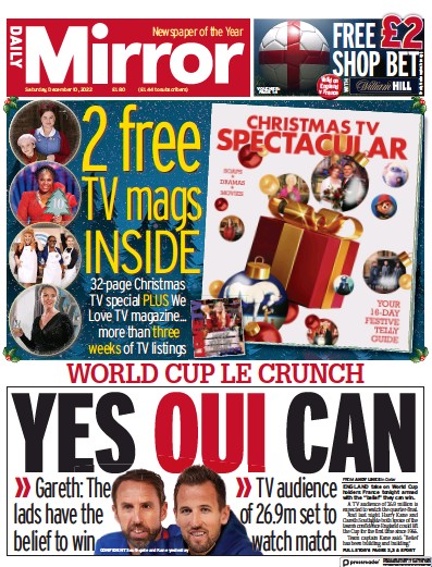 Daily Mirror (UK) Newspaper Front Page for 10 December 2022