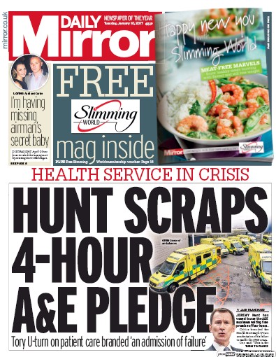 Daily Mirror Newspaper Front Page for 10 January 2017