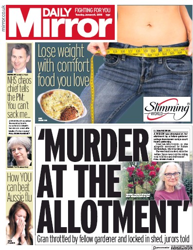 Daily Mirror Newspaper Front Page for 10 January 2018