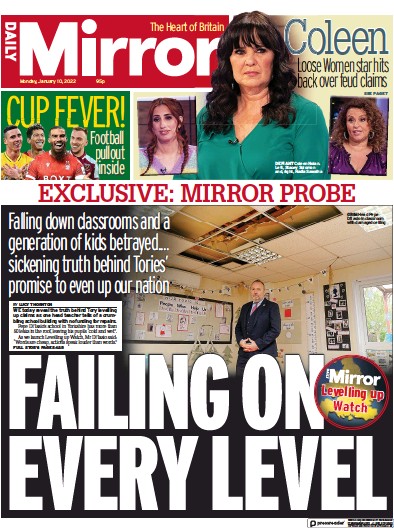 Daily Mirror (UK) Newspaper Front Page for 10 January 2022
