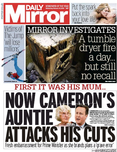 Daily Mirror Newspaper Front Page for 10 February 2016