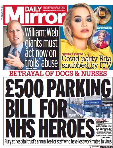 Daily Mirror (UK) Newspaper Front Page for 10 February 2021