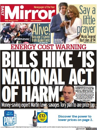 Daily Mirror (UK) Newspaper Front Page for 10 February 2023