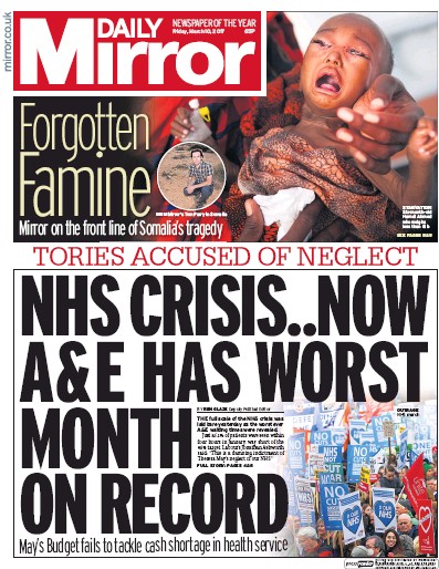 Daily Mirror Newspaper Front Page for 10 March 2017