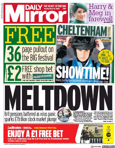 Daily Mirror Newspaper Front Page for 10 March 2020